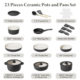 Bazova 23-Piece Removable Handle Pots and Pans Set Non Stick, Ceramic Cookware Set with Mini Egg Pan, Large Capacity, Non-Toxic, Induction & Oven Safe, Dishwasher Safe, RV Compatible, Black & White