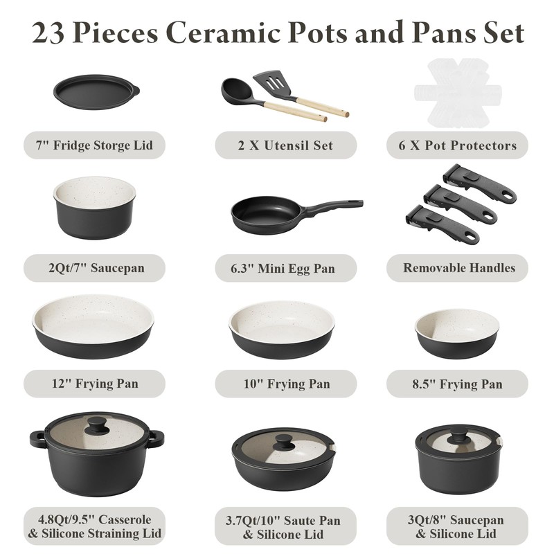 Bazova 23-Piece Removable Handle Pots and Pans Set Non Stick,