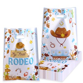 100 PCS Cowboy Gift Bag with Handles, Western Plastic Goodie Bags for Boys, My First Rodeo Party Favors for Birthday, Baby Shower, Party Supplies