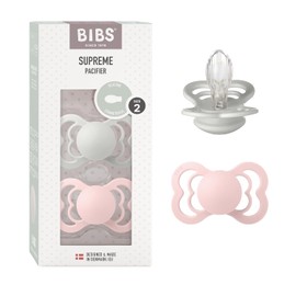 BIBS Supreme - Pack de 2 chupetes sin bisfenol A, silicona simétrica, fabricado en Dinamarca, 6-18 meses (paquete de 2), color beige