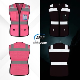 Uno Mejor Safety Vest for Women, Mesh Womens Safety Vest with 11 Pockets and Zipper, Hi Vis Reflective Neon Construction Work Vest for Lady Surveyors/Workers, Snugly-Fitted, Meets ANSI (U-Pink, M)