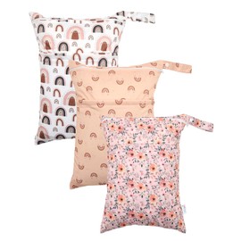 Kawigo Wet Dry Bag Reusable Waterproof Swimming Bag Travel Beach Pool Yoga Gym Bag for Baby Cloth Diaper Swimsuits Wet Clothes Two Zipper Pockets 3 Pack Rainbow Orange Flower 3L04