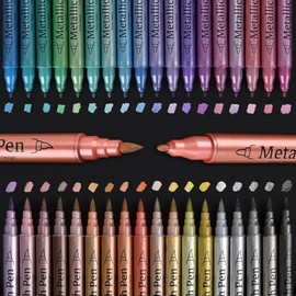 36 Colores Metálicos Plumones Acrílicos Doble Punta, POVOLE Marcadores Arte Punta Fino & Cepillos, Resistente al Agua, No Se Desvanece, Rotuladores Co
