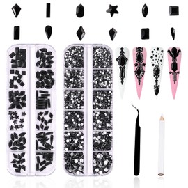 3120Pcs Black Nail Art Rhinestones Crystal,HOINCO 3D Rhinestones Gems Jewels Diamond for Acrylic Nails for Nail Art DIY Crafts with Tweezers and Pen