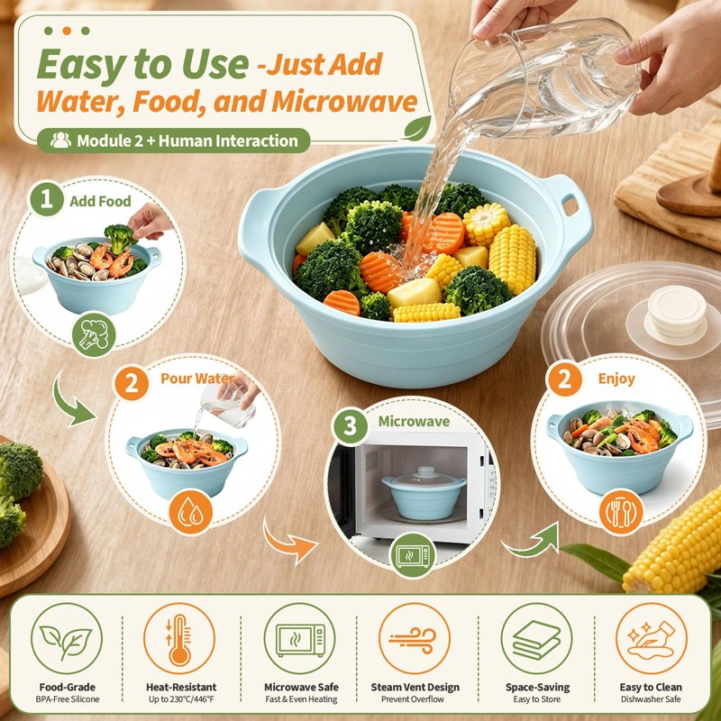 Collapsible Microwave Steamer Bowl, Silicone Microwave Cookware with Lid, Dishwasher