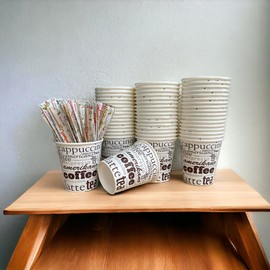 GMM American Coffee Cups, Cappuccino_Tea_Latte Disposable Paper Cups, 190 ml + Eco Disposable Wooden Coffee Palette, Ecostoviglie (190 ml_90 mm, Multi-Written)