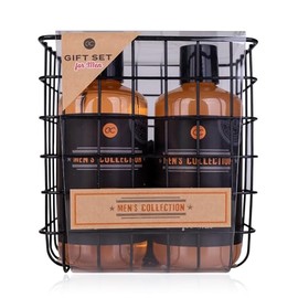 Accentra Men's Collection Gift Set in Wire Basket, Includes 300 ml Shower Gel, 300 ml Shampoo, 15 g Mesh Sponge, Nail Brush, Birch & Cedar - Brown