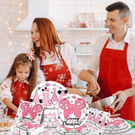 Cartoon Mouse Christmas Tableware Set,Pink Christmas Decoration Mouse Theme Merry Christmas Plates and Napkins Supplies for Winter Xmas Holiday Party Supplies