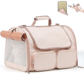 FUKUMARU Cat Carrier, 4 Mesh Windows Small Dog Carrier, 4 Storage Pockets Cat Travel Bag, Under 15 lb Airline Approved Pet Carrier, Rollable Cover for Nervous Cats, Pink
