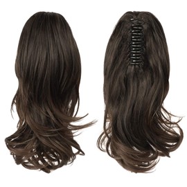 Sofeiyan 33 cm Ponytail Extension Long Curly Ponytail Clip in Claw Hair Extension Natural Looking Synthetic Hairpiece for Women, Black/Medium Chestnut Brown Mix