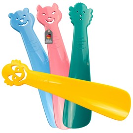 Lantelme 4 teiliges Kinder Schuhanzieher Set Deutsche Herstellung mit kleinen lächelnden Figuren Farbe Grün Blau Gelb Rosa Schuhlöffel Kunststoff Schuhanziehhilfe für Kleinkinder Zuhause Reise 3108