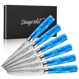 Dingerkit Blue Steak Knives Set of 6, Serrated Damascus Pattern Stainless Steel Steak Knife Set 5" with Resin Handle for Christmas Wedding Engagement Housewarming Birthday Retirement Gift.