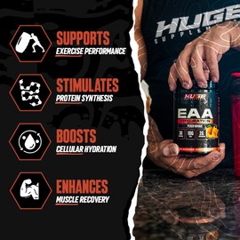 Huge EAA + Hydration, Essential Amino Acids Powder, EAAs & BCAAs, Intra & Post Workout Recovery Powder, Muscle Growth, Recovery & Performance, 10g EAAs & Electrolytes, Peach Mango, 30 Servings