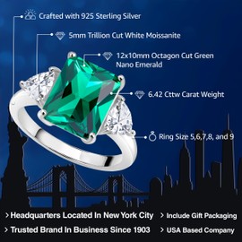 Gem Stone King 925 Sterling Silver Green Nano Emerald and White Moissanite 3 Stone Ring For Women (6.42 Cttw, Emerald Cut 12X10MM, Trillion 5X5MM, Available in Size 5,6,7,8,9)