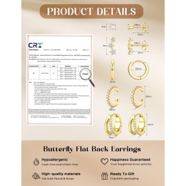 Florideco 925 Sterling Silver Earrings for Women Trendy Hypoallergenic Small Gold Hoop Earrings 14K Gold Plated Stud Earring Sets for Multiple Piercing CZ Ear Cuff Cartilage Earring Stacks