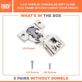 TOUCH Cabinet Hinges (5 Pairs, 10 PCS) Face Frame Cupboard Door Soft Close Hinges 1-1/4" Inch Overlay Concealed Compact Hinges for Kitchen Cabinet 3D Adjustable with Screws