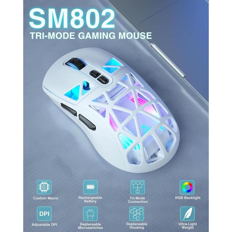 SM802 White Wireless Gaming Mouse 10000 DPI Tri-Mode Wired/BT 5.0/2.4GHz