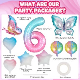 OSDUE 11 PCS Butterfly Birthday Decorations, Butterfly Foil Balloons Butterfly Party Supplies, Birthday Decorations for Girls Happy Birthday Balloons, Butterfly Star Heart Shape Balloons (Number 6)
