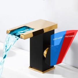 Waterfall Bathroom Faucet Black&Gold Led Light 3 Colors Changing Spout Single Handle Lavatory Vanity Sink Faucet One Hole Matching Pop Up Drain with Overflow Bath Basin Deck Mount Commercial
