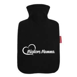 Huuraa Wärmflasche Migliore Mamma Cuore Geschenk 1,8 Liter Black Classic Veloursbezug Migliore Mamma Präsent