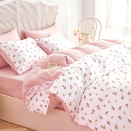 Wake In Cloud - Floral Duvet Cover Set, Coquette Cottagecore Aesthetic Cute Rose Flower Pattern for Women Teen Girls, Soft Lightweight Bedding, 3-Piece, Pink, Full Size