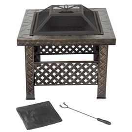 Fire Pit Set, Wood Burning Pit -Includes Screen, Cover and Log Poker- Great for Outdoor and Patio, 26 Inch” Woven Metal Square Firepit by Pure Garden