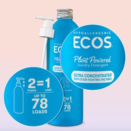 ECOS Ultra Concentrated Liquid Laundry Detergent, Sustainable Aluminum Bottle, Up to 78 Washer Loads - Hypoallergenic Laundry Soap - High Efficiency & Standard Machine Washing - Free & Clear, 16 Fl Oz