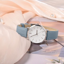 WOCCI 18mm Grace Watch Band for Ladies, Top Grain Leather, Quick Release Replacement Strap with Rose Gold Buckle (Mist Blue)