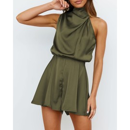 BTFBM Women Mock Neck Summer Romper 2025 Spring Beach Vacation Clothes Sleeveless Elastic Waist Satin Shorts Jumpsuit(Solid Army Green, Small)