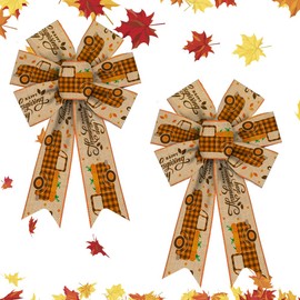 2 Pieces Fall Bows for Wreath, Thanksgiving Pumpkin Wreath Bows Autumn Truck Bows Orange Natural Burlap Bow Holiday Bows for Front Door Fall Thanksgiving Day Decorations Suppies