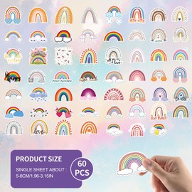 Amabro 60 Pcs Rainbow Stickers, Water Bottles Colorful Decals Rainbow Waterproof Vinyl Stickers Boho Aesthetic Stickers for Laptop Luggage Computer Kids Tablet Cup Notebook Scrapbook Skateboard