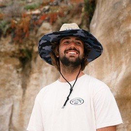 COR Surf Straw Hats for Men and Women Classic Lifeguard Sun Hat with UPF 50+ Cloth Printed Under The Beach Hat (Blue Camo, X-Large-XX-Large)