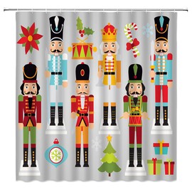 ZNLSU Christmas Nutcracker Shower Curtain Colorful Xmas The Nutcracker Poinsettia Berry Funny Cartoon Winter Holiday Merry Christmas Fabric Bathroom Curtain Sets with Hooks