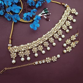 Efulgenz Conjunto de gargantilla india de cristal Kundan con diseño floral de Maang Tikka con cadena de cabeza de Bollywood para boda dorado