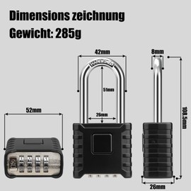 Diyife Robust Combination Lock 4 Digit Long Shackle 8 mm Thick Black