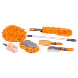 BIRDROCK HOME 6-Piece Car Wash Kit - Microfiber Cleaner, Tire & Wheel Brush, Sponge, Duster, Extendable Cleaning Tool - Car Detailing Set for Interior & Exterior - Car Wash Accessories, Men’s Car Care