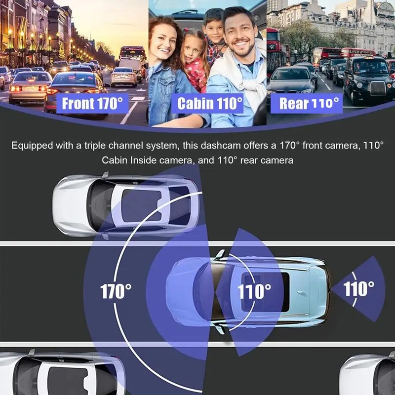 Bewinner 3 Channel Dash Cam Front and Rear 1080P Full