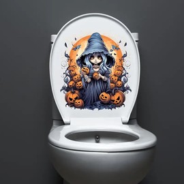 TOLOVIS Witch Pumpkin Toilet Cover Sticker Decals,Flower leaf bird Waterproof Toilet Lid Tank Seat Decals Cistern Self-Adhesive Bathroom Wall Sticker