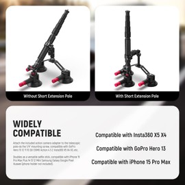 NEEWER Triple Suction Cup Car Mount Compatible with Insta360 X5 X4 GoPro DJI OSMO 360 Cameras, Quick Release Outside Windshield Magic Arm Mount Kit with 2 in 1 Extension Pole/Selfie Stick, CA065