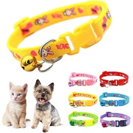 Cute Cat and Dog Collar with Bell, Adjustable Nylon Puppy Kitten Collar, 5 Colors (Rabbit Yellow, Neck 7-12")