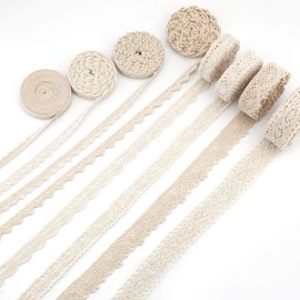 AIEX 40 Yards 8 Styles Cotton Lace Trim Vintage Lace Ribbon Assorted Pattern Crochet Lace Scalloped Edge for Wedding Decoration Gift Packaging DIY Sewing, 5 Yards/Roll (Beige)