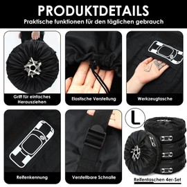 Gucass Set of 4 Tyre Bags, Tyre Cover, 19-23 Inches, Waterproof Tyre Bags and Tyre Protector, Tyre Bag for Tyre Storage and Transport, UV Protection, Black, Size L (Diameter 80 cm)