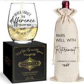 Vagafilla Men Gifts, Pairs Well With Retirement Stemless Wine Glasses Gift Set 15oz, Funny Retirement Gifts for Women Friends Colleague Teachers Parents Grandparent, 1 Pack Reusable Burlap Wine Bag-17