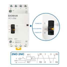 Baomain Manual Household AC Contactor 220VAC 25A 4 Pole 2NO2NC 50/60Hz Modular Contactor Circuit Manual/Automatic Control 35mm DIN Rail HC1-25/22 (25 Amp.)