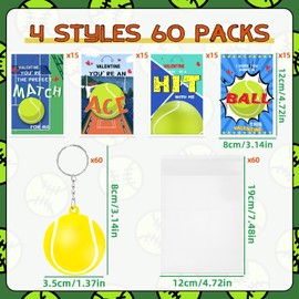 JMUQ 60 Pack Valentine's Day Sports Gift Cards with Tennis Keychains Valentine's Day Cards Stress Ball Keychains for School Classroom Exchange Gifts Classroom Prizes Valentine's Day Party Favors
