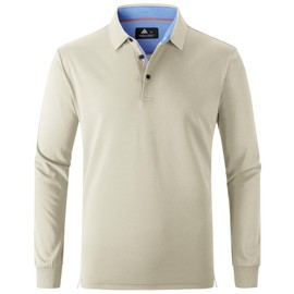 Long Sleeve Polo Shirts for Men Moisture Wicking Golf Polos Casual Travel Performance Collar Shirts Beige