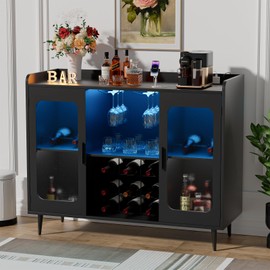Hyomdeck Liquor Cabinet Bar with Power Outlet and LED Light, Wine Bar Cabinet with Wine and Glasses Rack, Home Coffee Bar Cabinet, Buffet Sideboard with Storage Shelf for Kitchen, Dining Room, Black