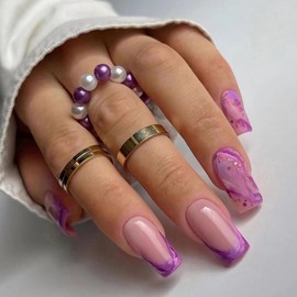 MISUD Press on Nails Short Square Fake Nails Matte Glue on Nails Purple Ombre French Tip Acrylic Nails Squoval Artificial Nails Bling Glitter Stick on False Nails with Design 24 pcs