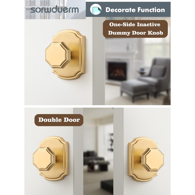 SORWDUERM 2 Pack Dummy Gold Door Knobs Interior Satin Brass