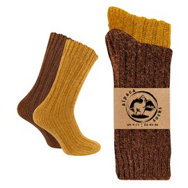 Alpaca Wool Socks, 2 Pairs Chunky Knit Thermal Socks for Men Women Thick Cushioned, Breathable, Soft, Cosy Home Slipper Socks, Christmas Socks (UK, Numeric, 3, 5, Regular, Regular, Gold-Brown)